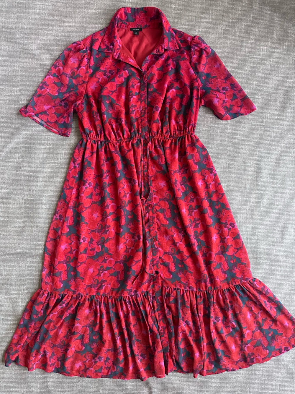 Halogen Red Pink Floral Shirt Dress Women’s Size 2X Tie Waist Midi Ruffle Hem